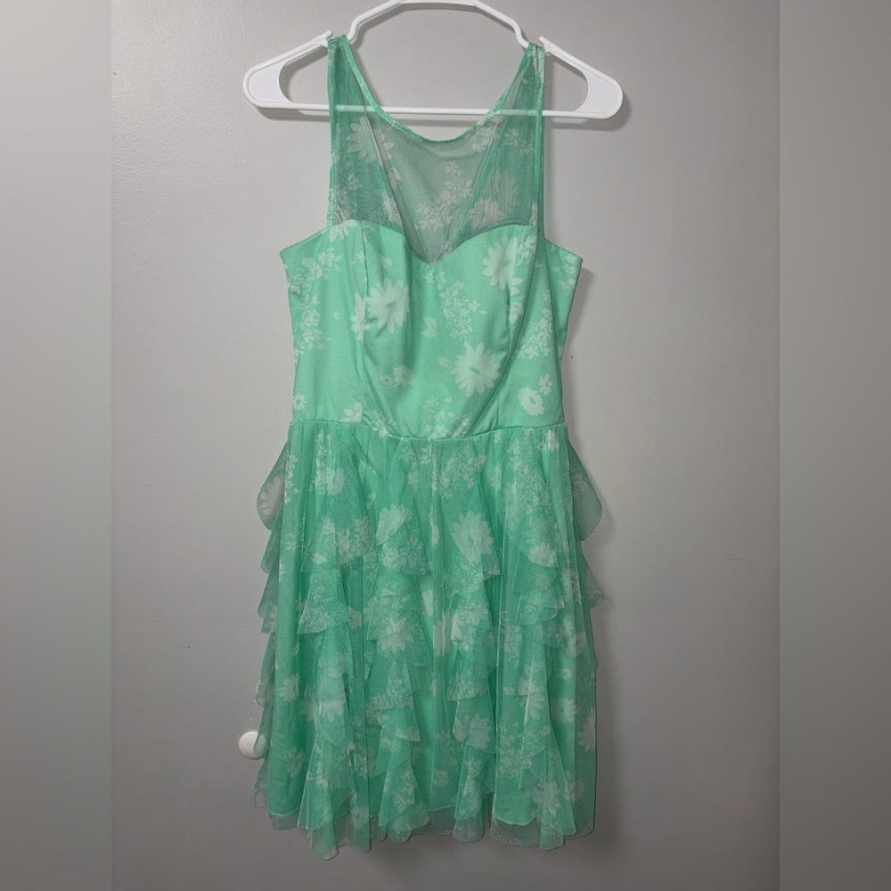 Teeze me sea foam green sleeveless ruffle sheer floral dress juniors size 11 nwt